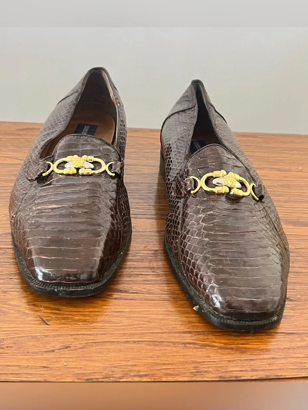 Giorgio Brutini Brown Genuine Snake- Texture Slip-On Loafers with Gold Bit